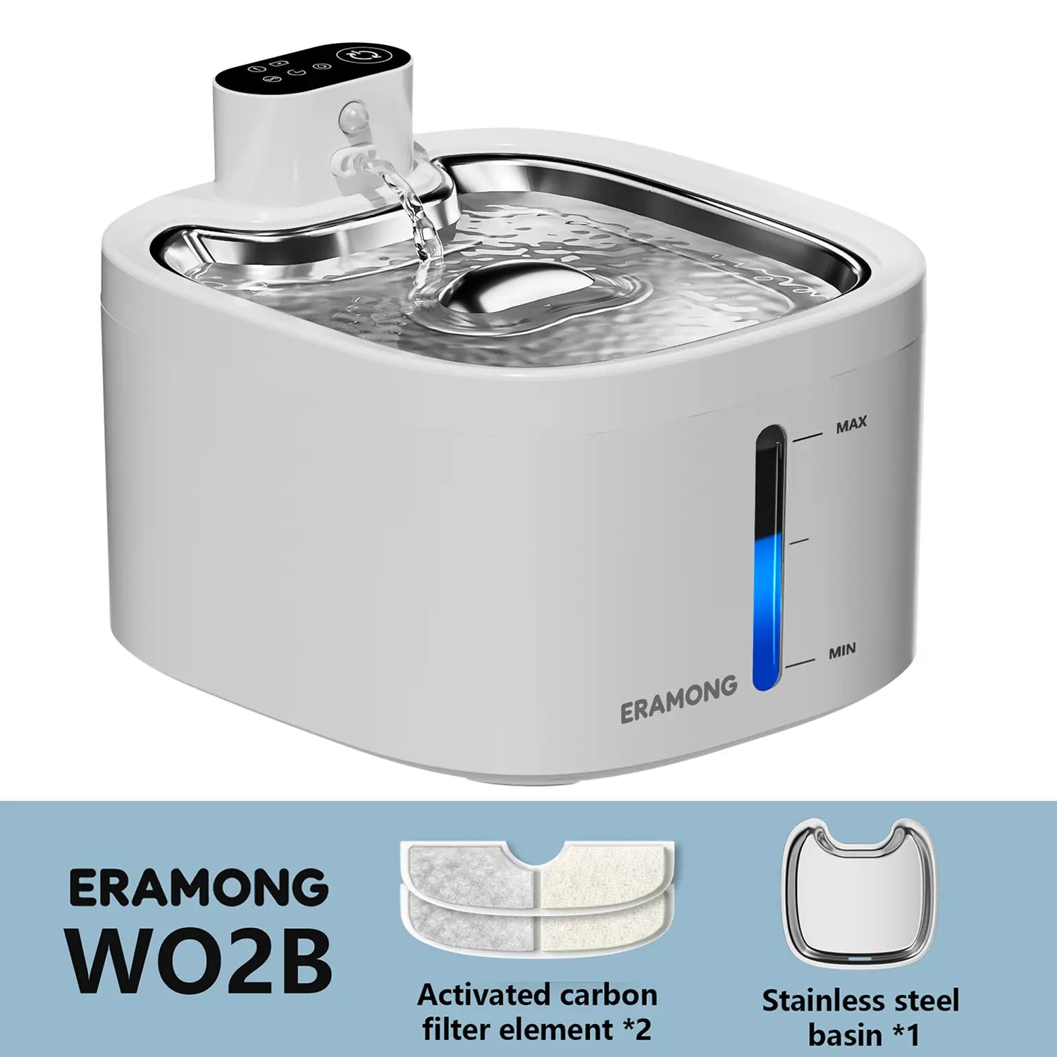 ERAMONG Smart Indoor Wireless Pet Water Fountain - 3.5L Capacity, Battery-Powered with Stainless Steel Tray, Motion Sensor, and 4-Layer Filtration System for Cats and Dogs