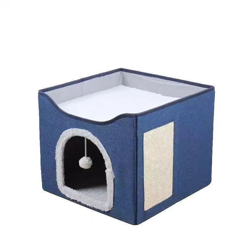 Luxury Indoor Cat House - Spacious Cat Bed Cave with Scratch Pad and Fluffy Toy, Foldable Condo Hideaway with Reversible Cushion, Suitable for All Seasons, Ideal for Small Pets, Dark Ivory Design