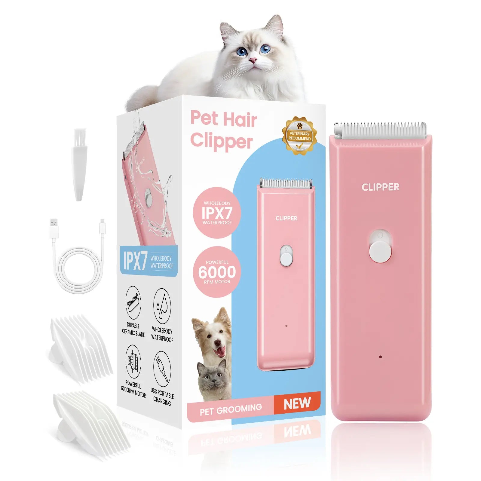 Professional Rechargeable Cordless Pet Clippers for Dog and Cat Grooming, Low Noise Ceramic Blade Trimmer for Matted and Long Hair