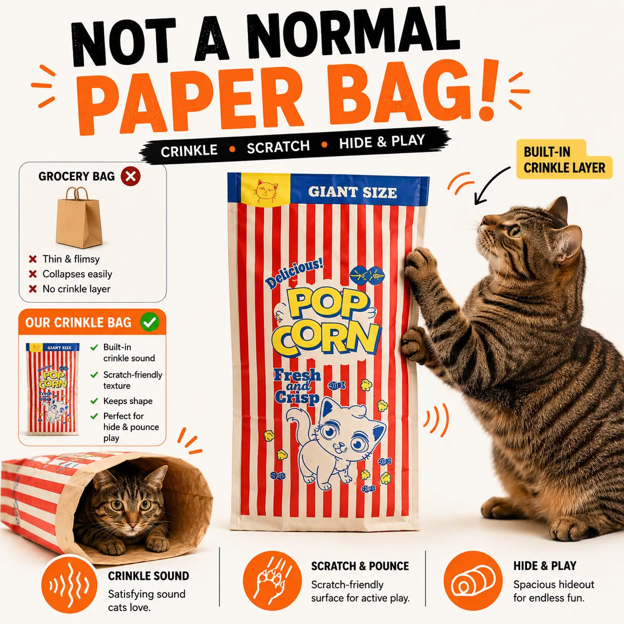 Giant Collapsible Cat Crinkle Bag Tunnel - 29.5 x 13.8 Inch Interactive Hideaway for Indoor Cats, Kittens, Rabbits, and Ferrets with Crinkle Sound