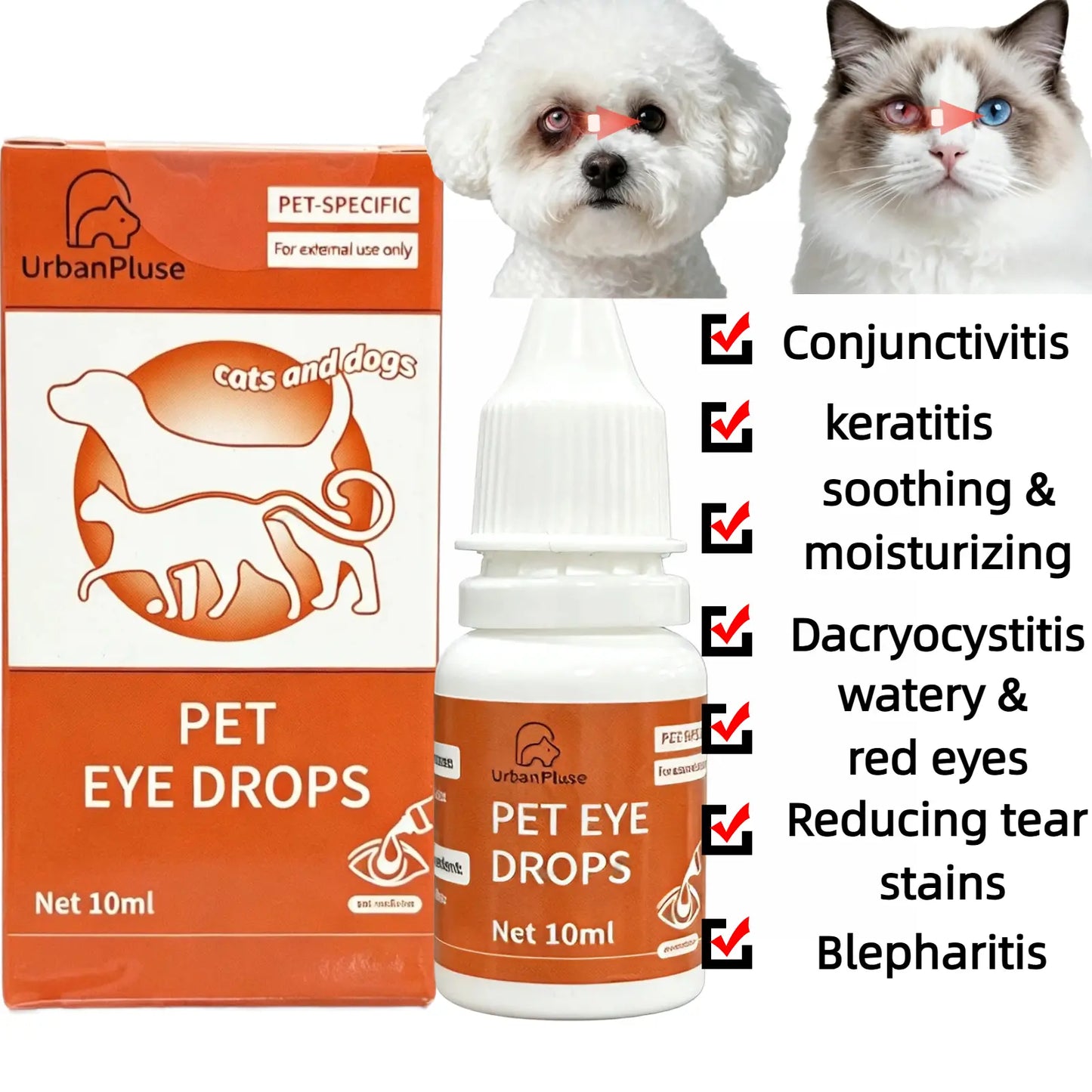Urbanpluse Natural Pet Eye Drops for Dogs and Cats - 10ML Tear Stain Remover for Itchy, Dry, and Pink Eyes