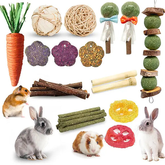 21-Piece Dental Chew Toy Set for Small Animals – Apple Wood Sticks and Timothy Hay Cakes for Optimal Dental Care – Suitable for Rabbits, Hamsters, Chinchillas, and Gerbils
