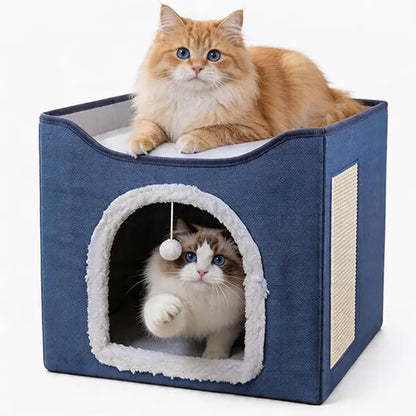 Luxury Indoor Cat House - Spacious Cat Bed Cave with Scratch Pad and Fluffy Toy, Foldable Condo Hideaway with Reversible Cushion, Suitable for All Seasons, Ideal for Small Pets, Dark Ivory Design