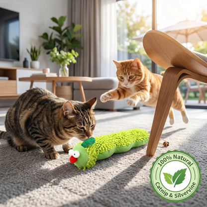 Catnip Caterpillar Plush Pillow - Interactive Crinkle Sound Cat Toy with Catnip Head and Silvervine Tail for Indoor Cats