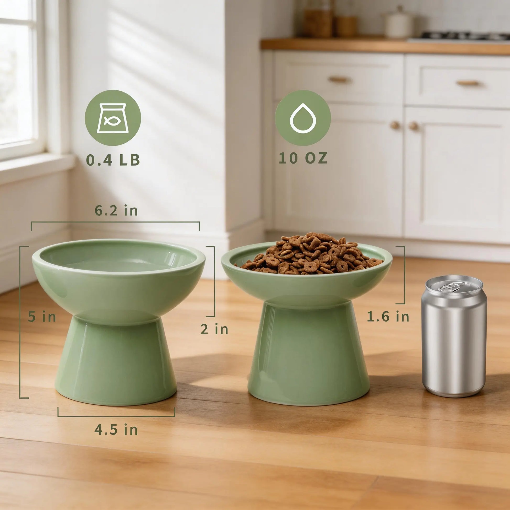 CEEFU 2-Pack Elevated Ceramic Pet Feeding Bowls – Shallow Food Bowl & Deep Water Bowl, 6.2" Width, 5" Height, Designed for Neck Comfort and Whisker Relief, Lead and Cadmium Free, White
