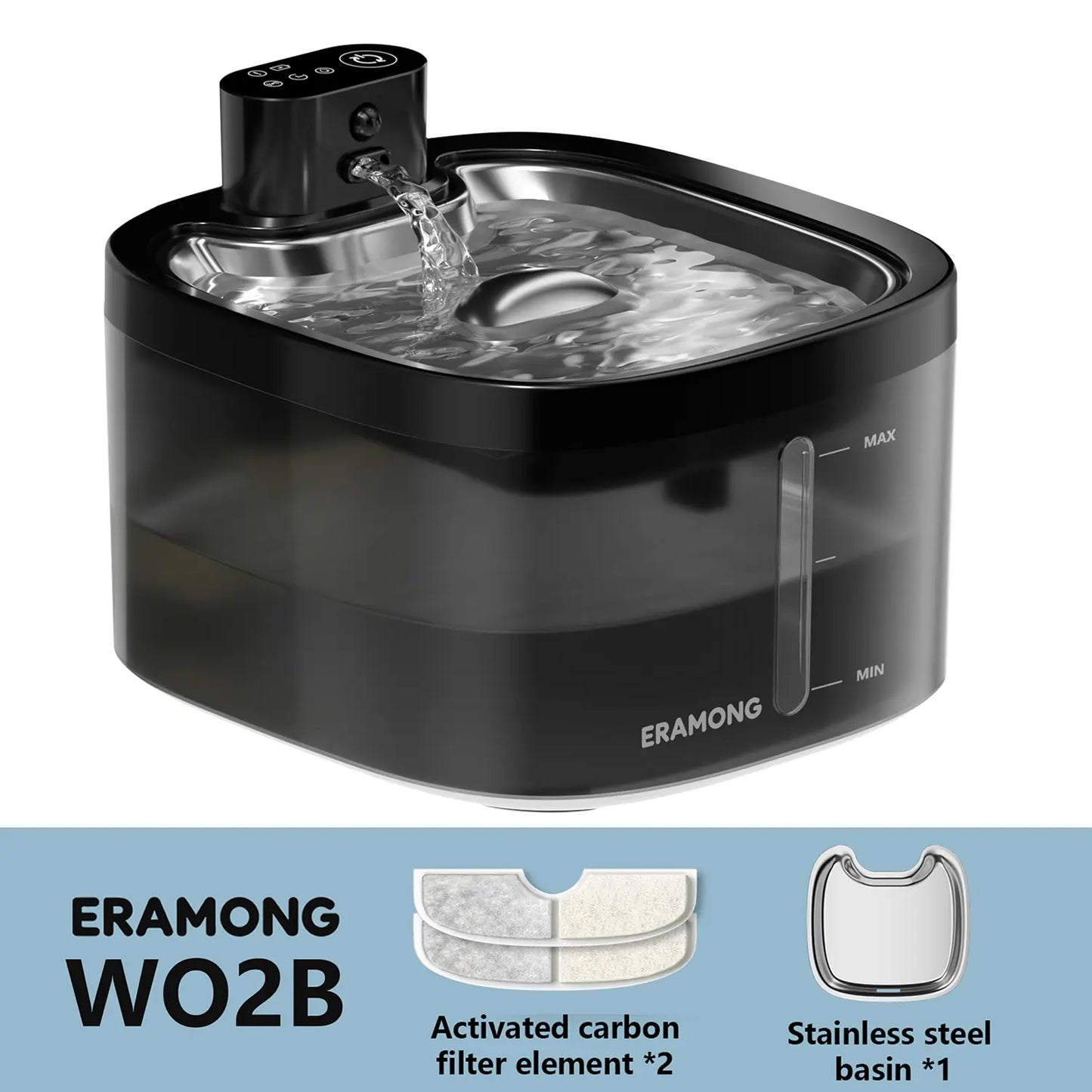 ERAMONG Smart Indoor Wireless Pet Water Fountain - 3.5L Capacity, Battery-Powered with Stainless Steel Tray, Motion Sensor, and 4-Layer Filtration System for Cats and Dogs