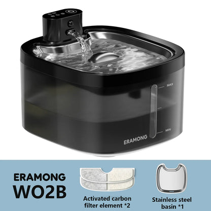 ERAMONG Smart Indoor Wireless Pet Water Fountain - 3.5L Capacity, Battery-Powered with Stainless Steel Tray, Motion Sensor, and 4-Layer Filtration System for Cats and Dogs