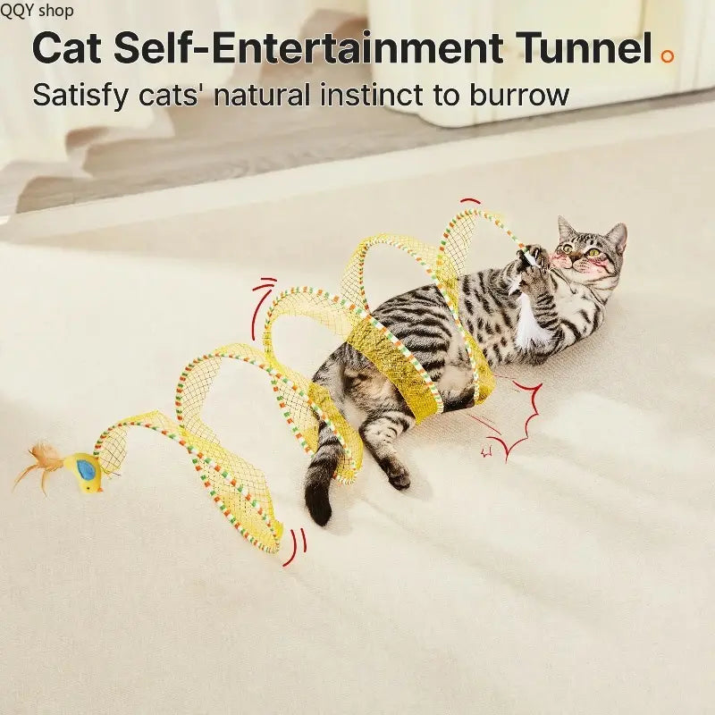 Summervibes Spiral Tunnel Cat Toy - Collapsible 20-Inch Spring Tunnel with Feather & Bell for Interactive Play, Durable Accessory for Indoor Cats and Small Pets
