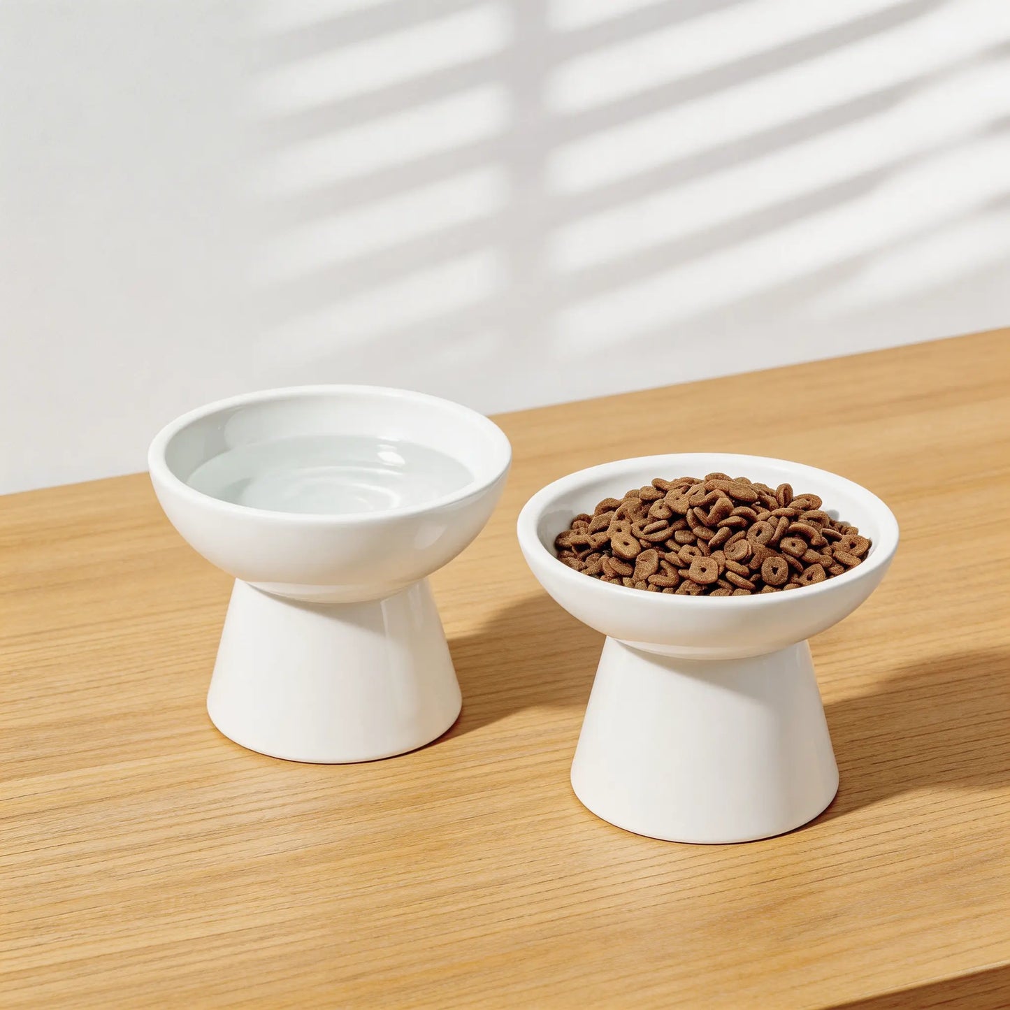 CEEFU 2-Pack Elevated Ceramic Pet Feeding Bowls – Shallow Food Bowl & Deep Water Bowl, 6.2" Width, 5" Height, Designed for Neck Comfort and Whisker Relief, Lead and Cadmium Free, White