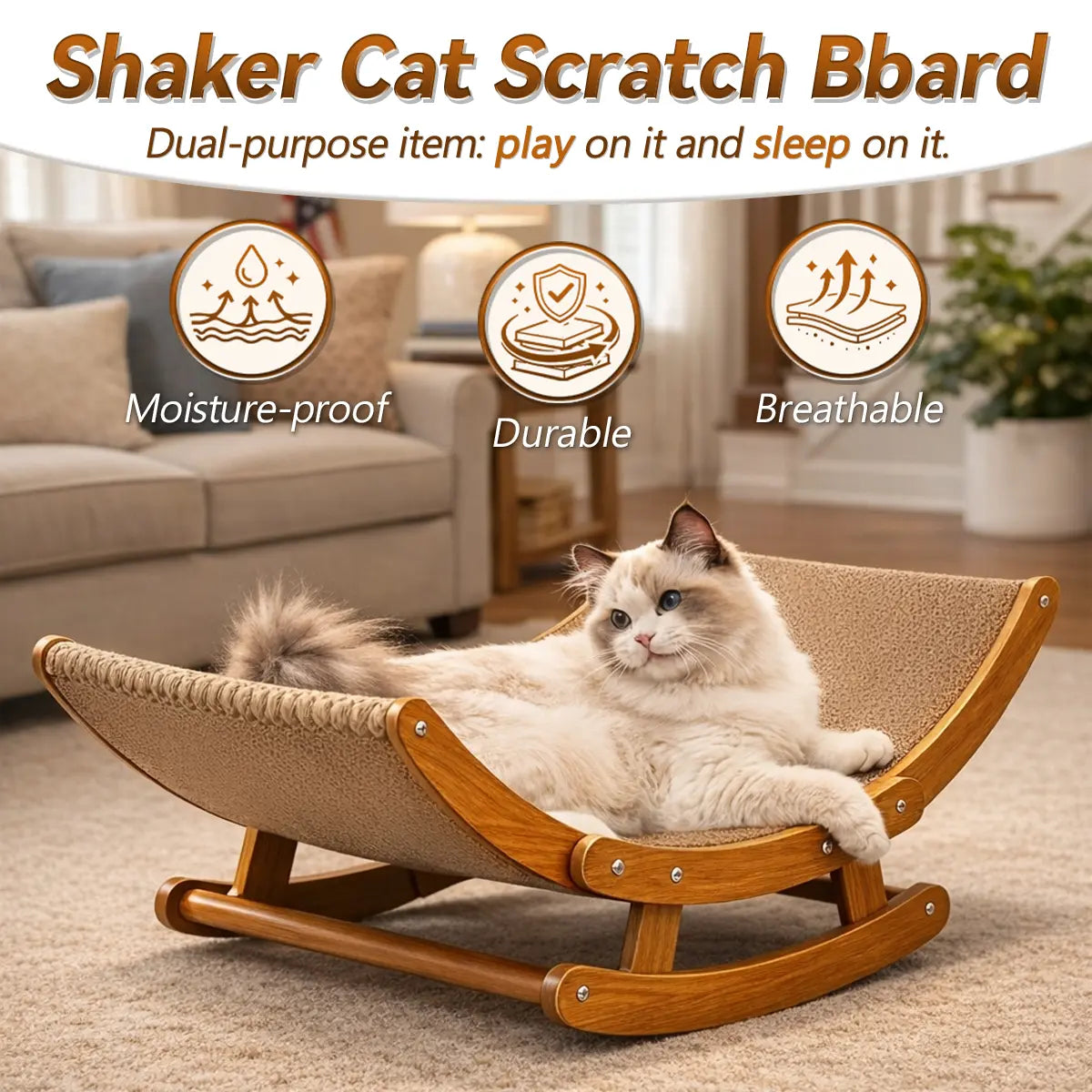 Elegant Bohemian Cat Scratcher Bed with Natural Sisal and Solid Wood Frame, Calming Rocking Lounge for Indoor Cats, Comfortable Non-Shedding Bed for Medium to Large Cats and Kittens, Easy Assembly