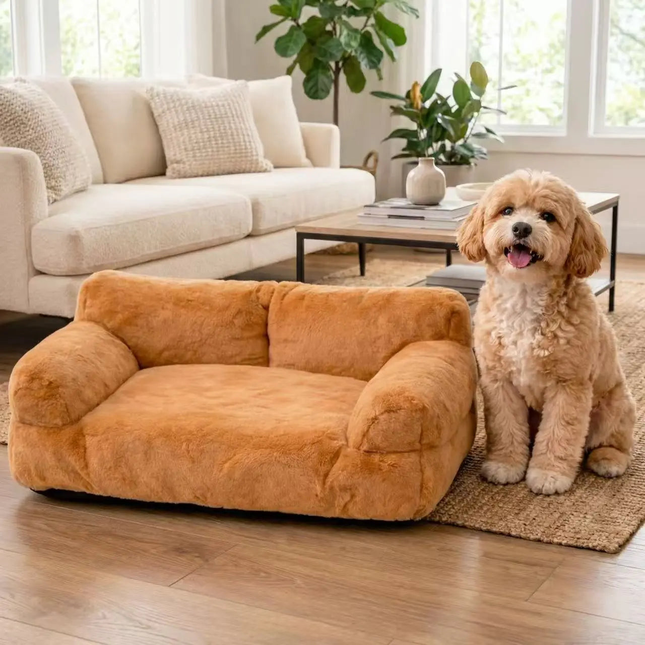 All-Season Washable Cozy Pet Sofa Bed for Small to Medium Dogs and Cats, 35.4 x 21.7 x 10.2 in, Brown Plush Fabric with Supportive Bolsters, Comfortable Indoor and Outdoor Lounger for Two Pets
