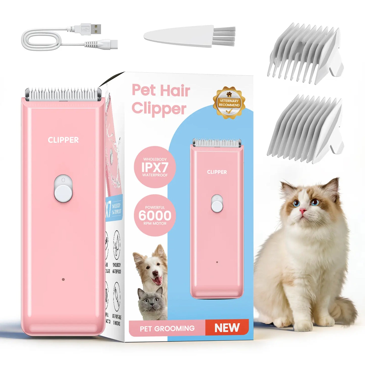 Professional Rechargeable Cordless Pet Clippers for Dog and Cat Grooming, Low Noise Ceramic Blade Trimmer for Matted and Long Hair