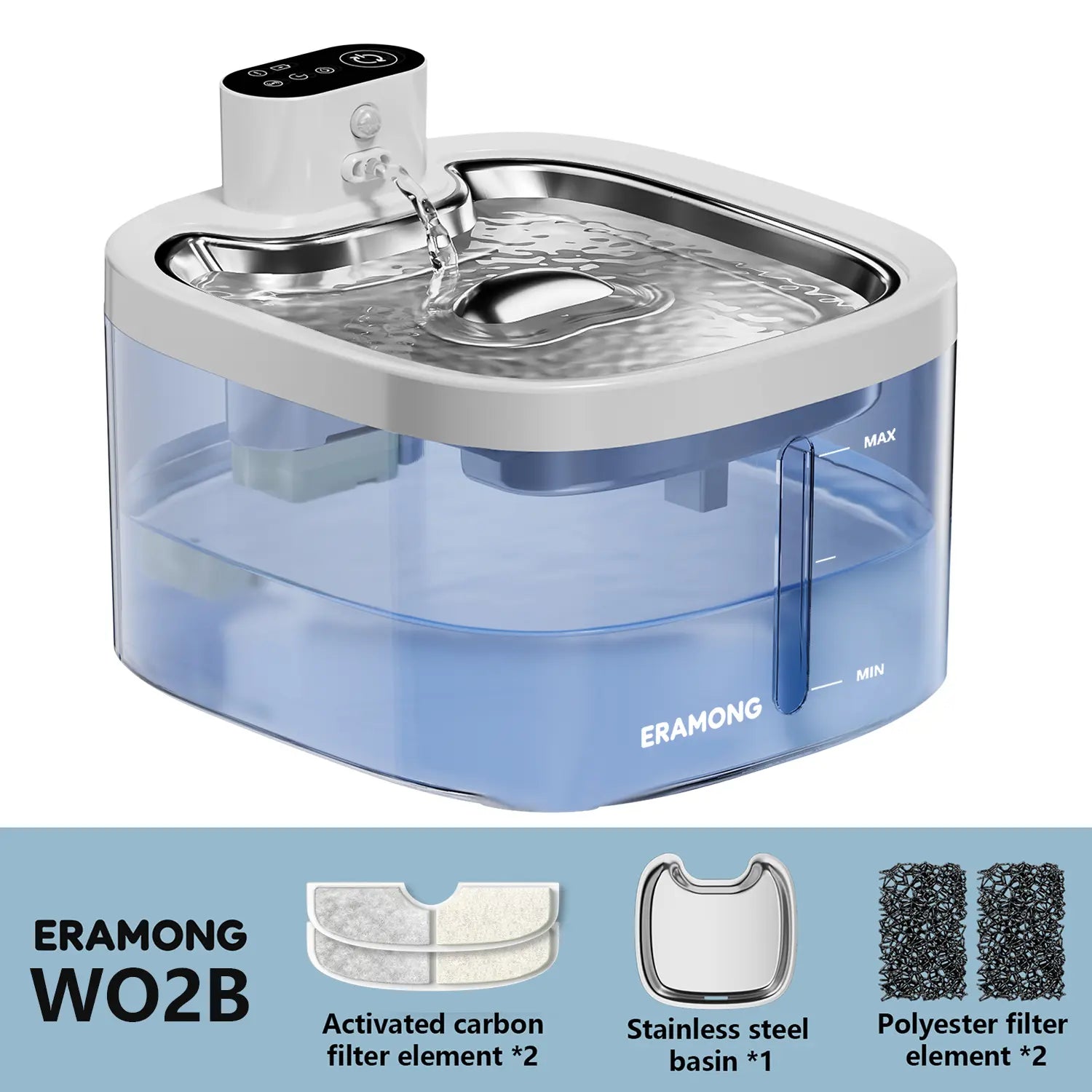 ERAMONG Smart Indoor Wireless Pet Water Fountain - 3.5L Capacity, Battery-Powered with Stainless Steel Tray, Motion Sensor, and 4-Layer Filtration System for Cats and Dogs