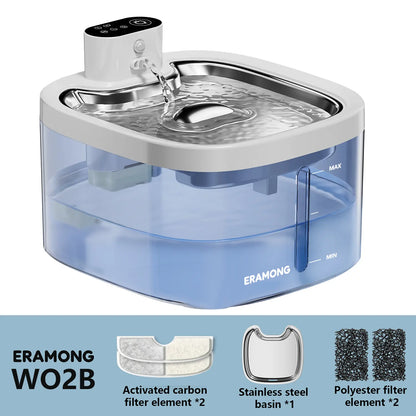 ERAMONG Smart Indoor Wireless Pet Water Fountain - 3.5L Capacity, Battery-Powered with Stainless Steel Tray, Motion Sensor, and 4-Layer Filtration System for Cats and Dogs