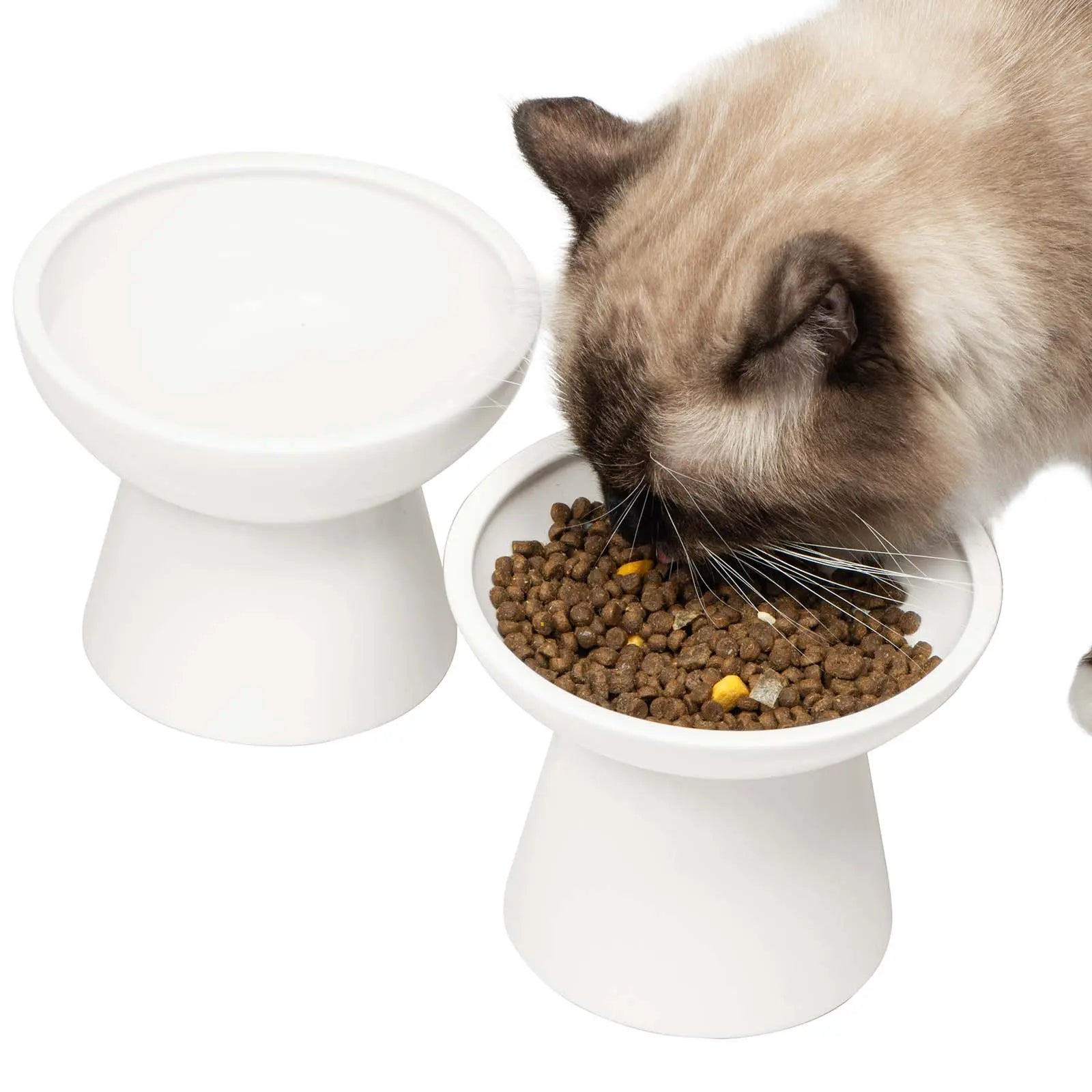 CEEFU 2-Pack Elevated Ceramic Pet Feeding Bowls – Shallow Food Bowl & Deep Water Bowl, 6.2" Width, 5" Height, Designed for Neck Comfort and Whisker Relief, Lead and Cadmium Free, White