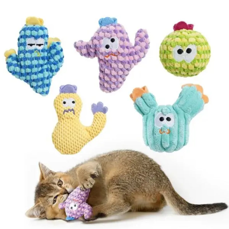 Pawsible 5-Pack Colorful Cactus Cat Toy Set with 100% Premium Catnip Filling - Natural Stimulation and Soft Teething Toys for Kittens