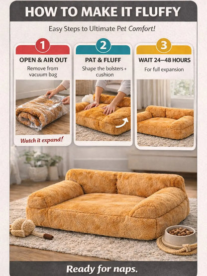 All-Season Washable Cozy Pet Sofa Bed for Small to Medium Dogs and Cats, 35.4 x 21.7 x 10.2 in, Brown Plush Fabric with Supportive Bolsters, Comfortable Indoor and Outdoor Lounger for Two Pets