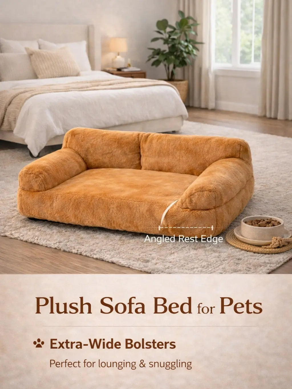 All-Season Washable Cozy Pet Sofa Bed for Small to Medium Dogs and Cats, 35.4 x 21.7 x 10.2 in, Brown Plush Fabric with Supportive Bolsters, Comfortable Indoor and Outdoor Lounger for Two Pets