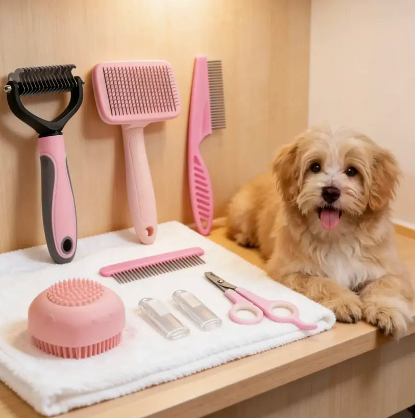 8-in-1 Professional Pet Grooming Kit for Dogs and Cats - Includes Dematting Comb, Slicker Brush, Nail Clipper, and Trimmer for a Tangle-Free and Shiny Coat