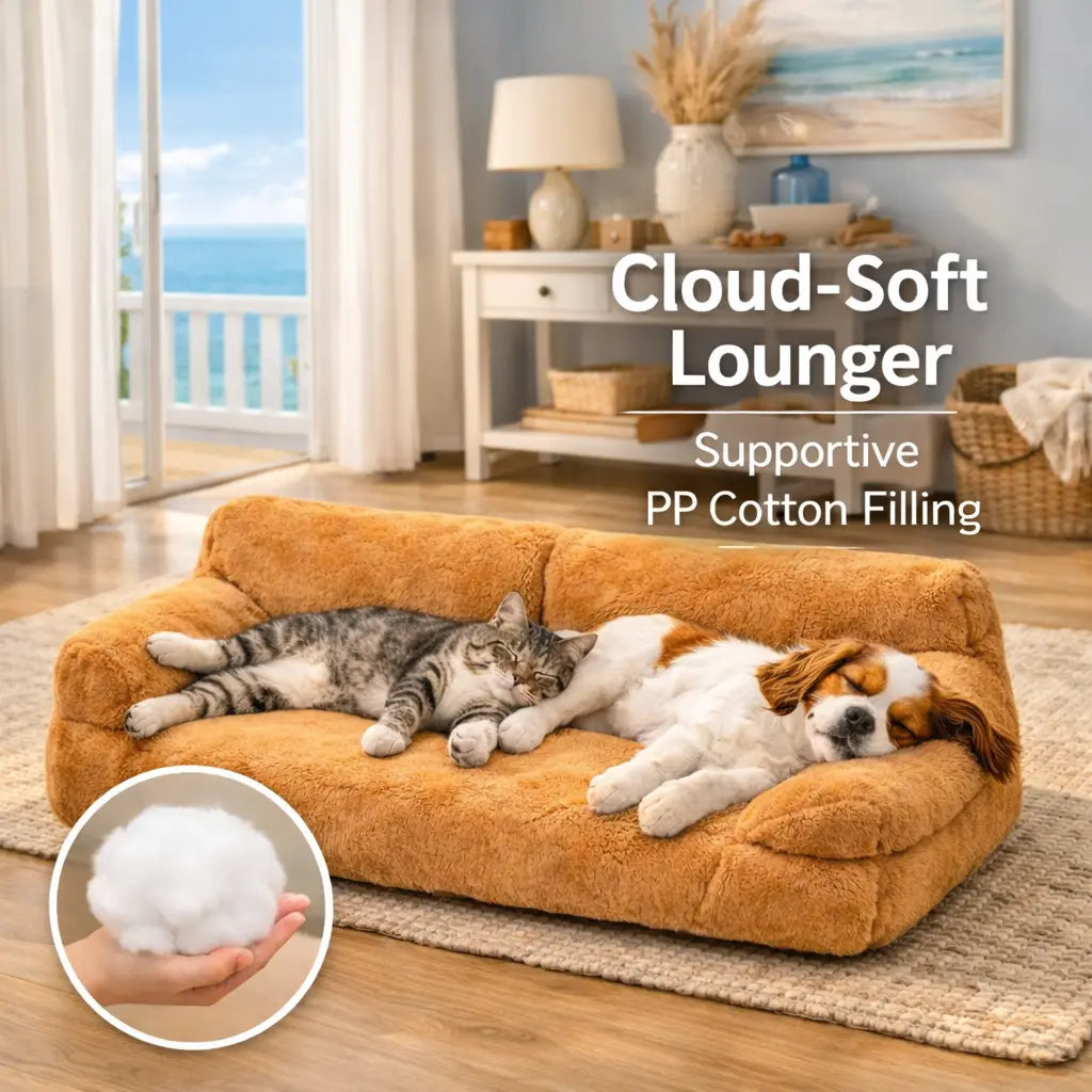 All-Season Washable Cozy Pet Sofa Bed for Small to Medium Dogs and Cats, 35.4 x 21.7 x 10.2 in, Brown Plush Fabric with Supportive Bolsters, Comfortable Indoor and Outdoor Lounger for Two Pets