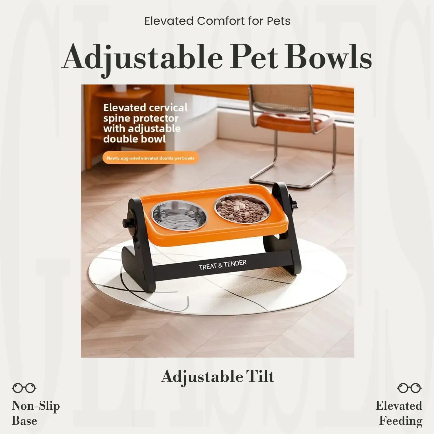 Elevated Stainless Steel Dog Feeding Bowls Set with Adjustable Height and Non-Slip Design for Small Dogs and Cats - Includes 2 Bowls and 1 Raised Stand