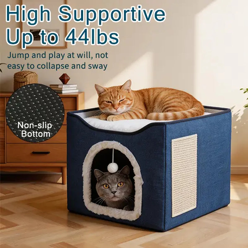 Luxury Indoor Cat House - Spacious Cat Bed Cave with Scratch Pad and Fluffy Toy, Foldable Condo Hideaway with Reversible Cushion, Suitable for All Seasons, Ideal for Small Pets, Dark Ivory Design