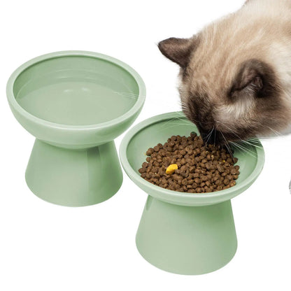 CEEFU 2-Pack Elevated Ceramic Pet Feeding Bowls – Shallow Food Bowl & Deep Water Bowl, 6.2" Width, 5" Height, Designed for Neck Comfort and Whisker Relief, Lead and Cadmium Free, White
