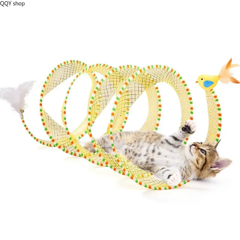 Summervibes Spiral Tunnel Cat Toy - Collapsible 20-Inch Spring Tunnel with Feather & Bell for Interactive Play, Durable Accessory for Indoor Cats and Small Pets
