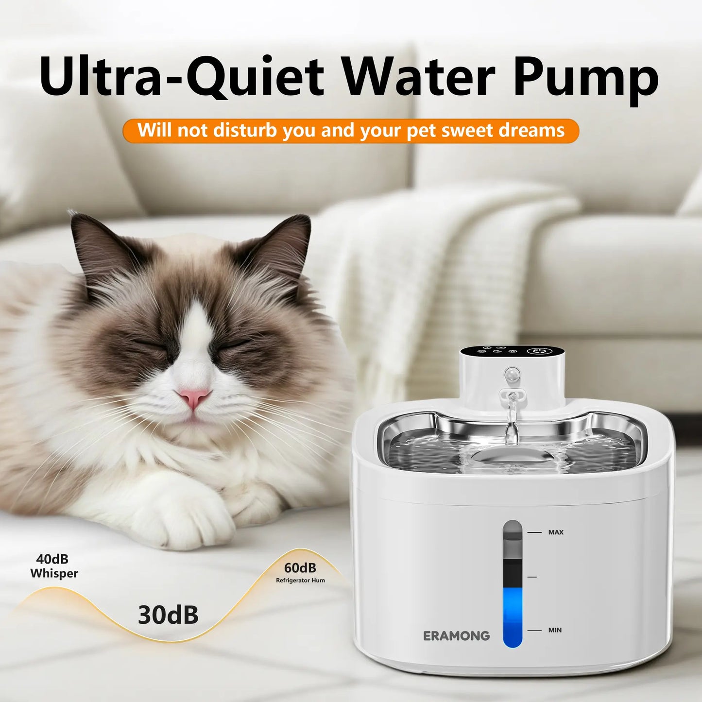 ERAMONG Smart Indoor Wireless Pet Water Fountain - 3.5L Capacity, Battery-Powered with Stainless Steel Tray, Motion Sensor, and 4-Layer Filtration System for Cats and Dogs