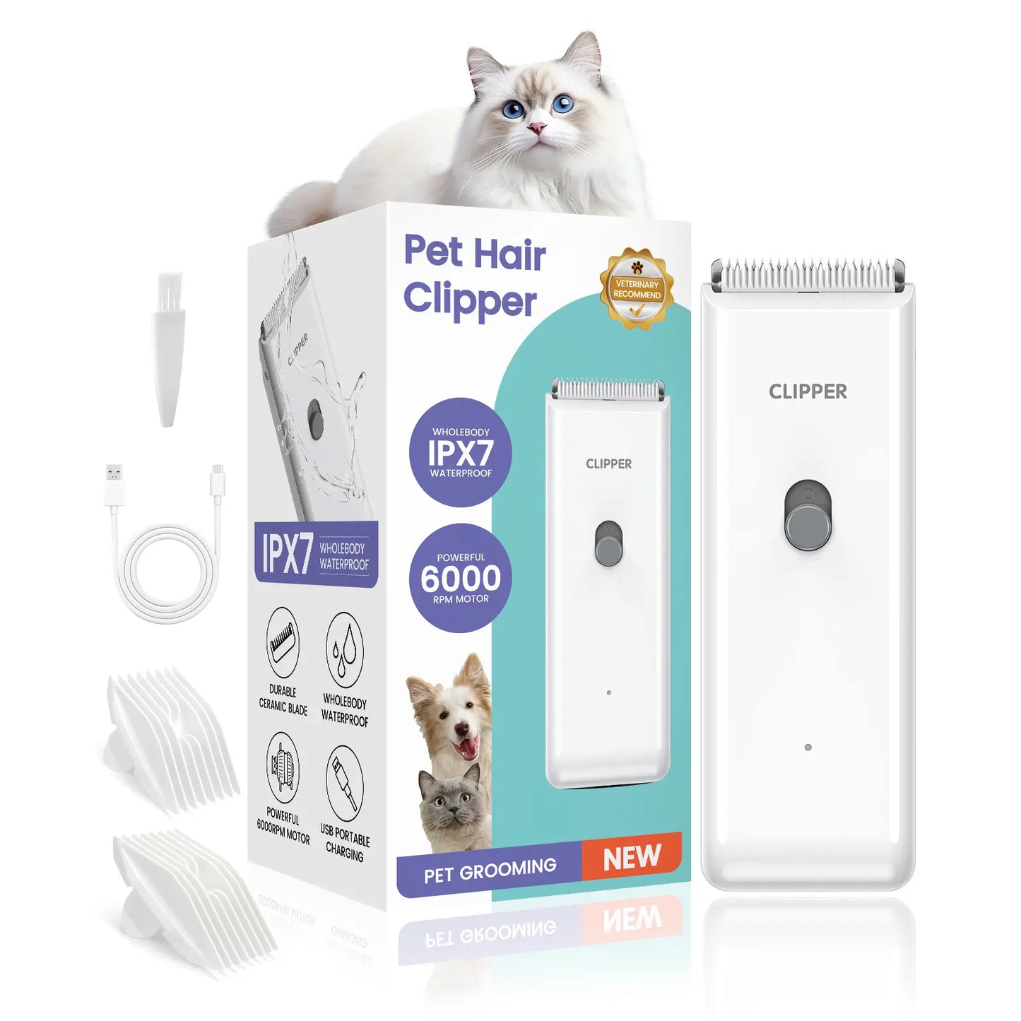 Professional Rechargeable Cordless Pet Clippers for Dog and Cat Grooming, Low Noise Ceramic Blade Trimmer for Matted and Long Hair