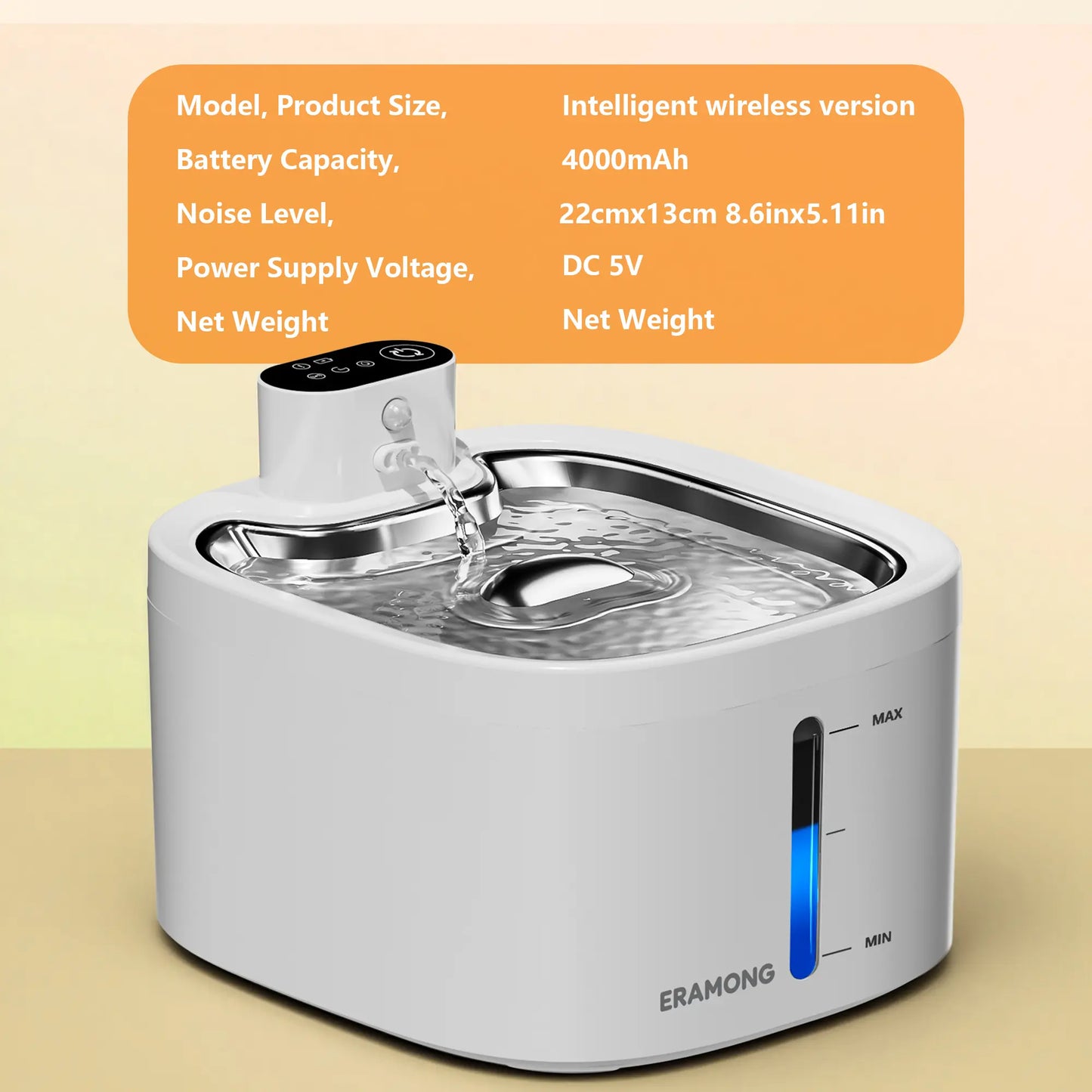 ERAMONG Smart Indoor Wireless Pet Water Fountain - 3.5L Capacity, Battery-Powered with Stainless Steel Tray, Motion Sensor, and 4-Layer Filtration System for Cats and Dogs