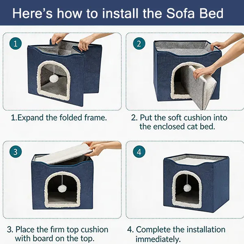 Luxury Indoor Cat House - Spacious Cat Bed Cave with Scratch Pad and Fluffy Toy, Foldable Condo Hideaway with Reversible Cushion, Suitable for All Seasons, Ideal for Small Pets, Dark Ivory Design