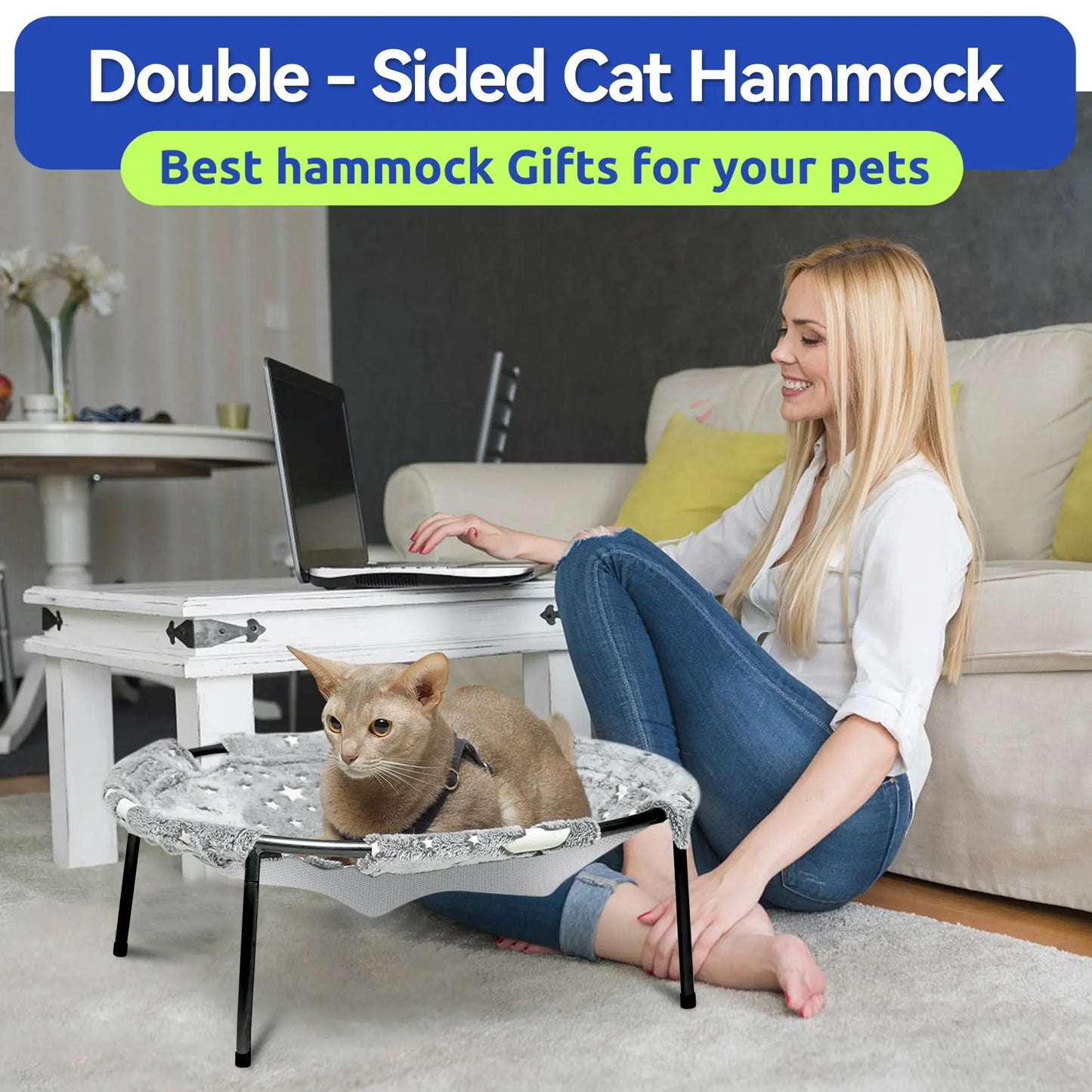 Elevated Cat Hammock Bed with Metal Frame and Dual-Sided Removable Washable Cover - Breathable Raised Lounger for Indoor Cats and Small Dogs, Easy No-Tool Assembly