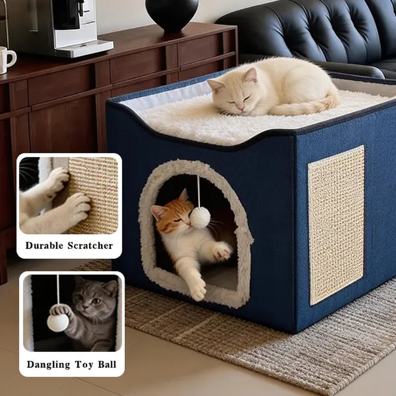 Luxury Indoor Cat House - Spacious Cat Bed Cave with Scratch Pad and Fluffy Toy, Foldable Condo Hideaway with Reversible Cushion, Suitable for All Seasons, Ideal for Small Pets, Dark Ivory Design