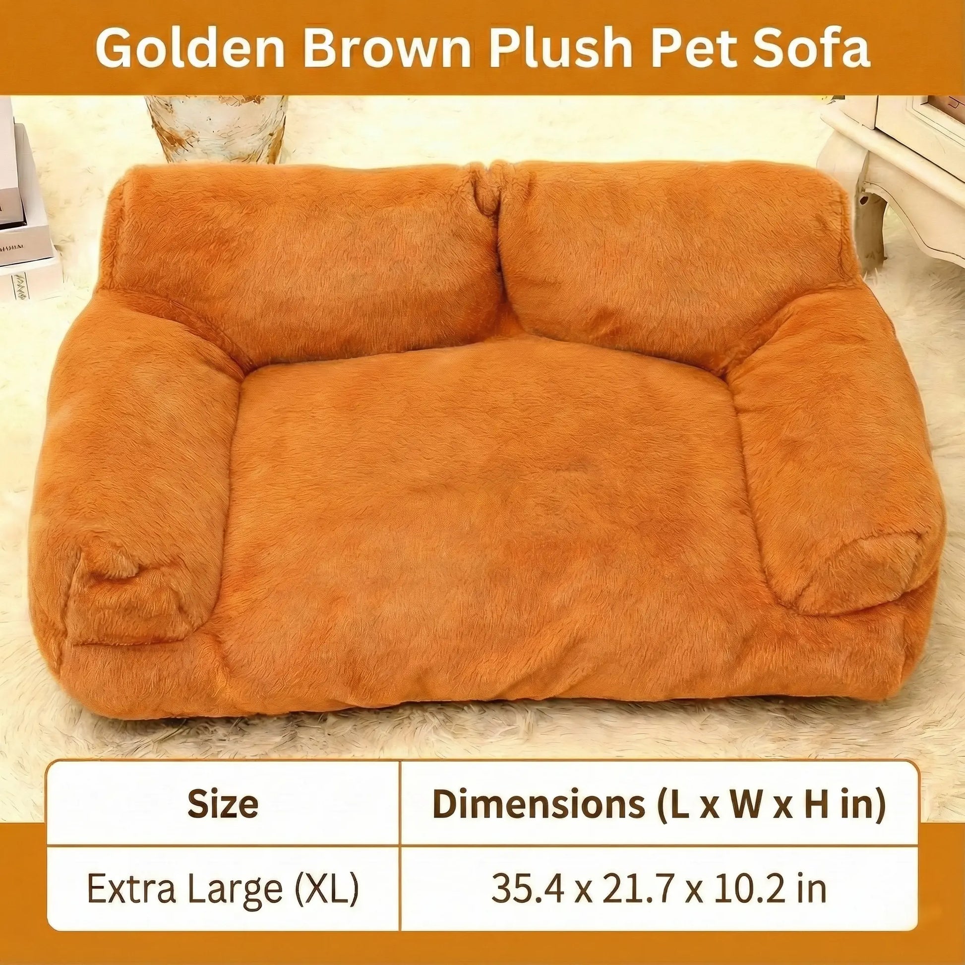 All-Season Washable Cozy Pet Sofa Bed for Small to Medium Dogs and Cats, 35.4 x 21.7 x 10.2 in, Brown Plush Fabric with Supportive Bolsters, Comfortable Indoor and Outdoor Lounger for Two Pets