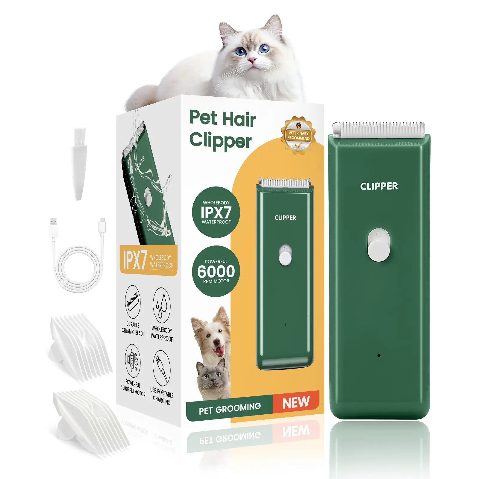 Professional Rechargeable Cordless Pet Clippers for Dog and Cat Grooming, Low Noise Ceramic Blade Trimmer for Matted and Long Hair