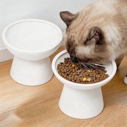 CEEFU 2-Pack Elevated Ceramic Pet Feeding Bowls – Shallow Food Bowl & Deep Water Bowl, 6.2" Width, 5" Height, Designed for Neck Comfort and Whisker Relief, Lead and Cadmium Free, White