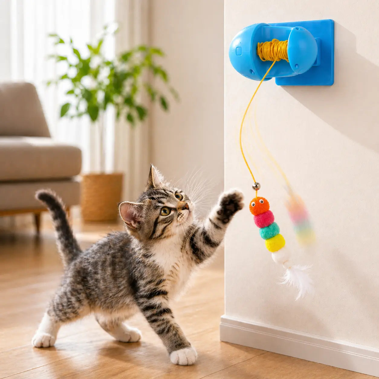 Automated Wall-Mounted Cat Teaser Toy with Adjustable Modes and Rechargeable Feather Exercise Feature