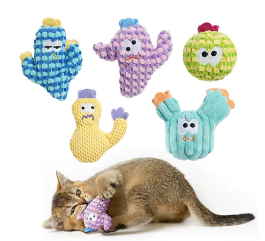 Pawsible 5-Pack Colorful Cactus Cat Toy Set with 100% Premium Catnip Filling - Natural Stimulation and Soft Teething Toys for Kittens