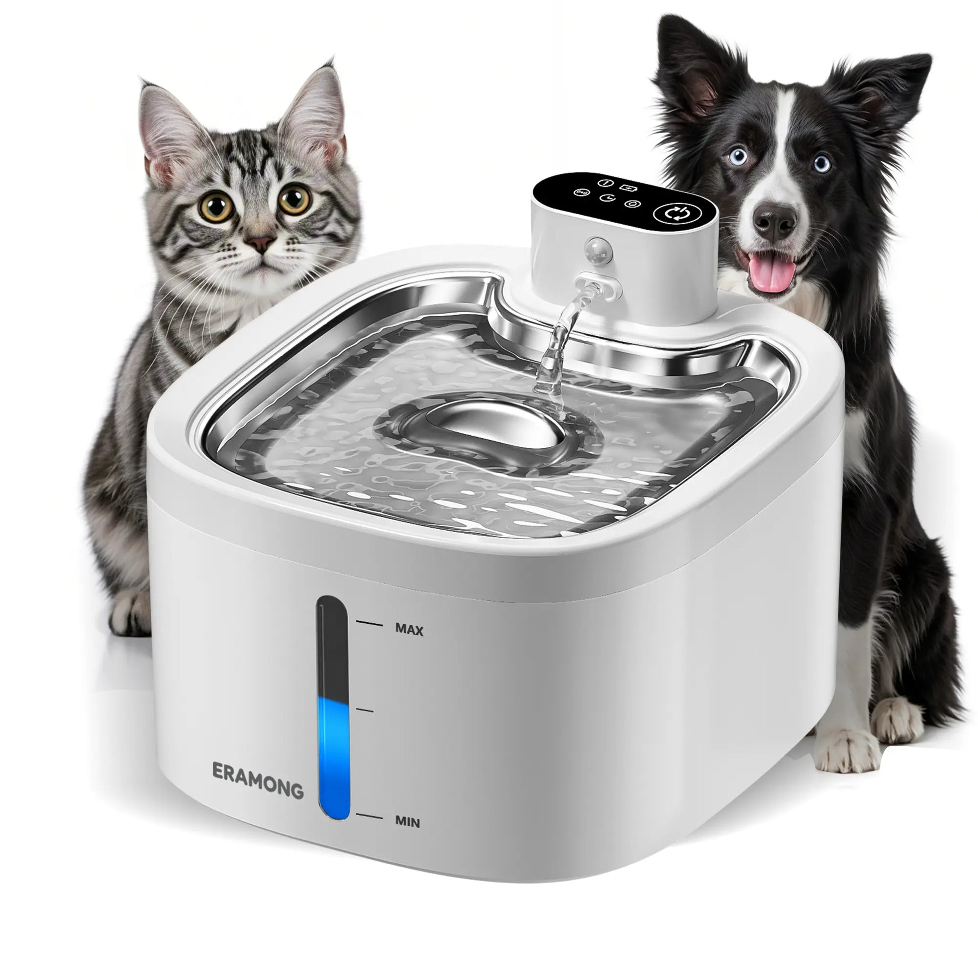 ERAMONG Smart Indoor Wireless Pet Water Fountain - 3.5L Capacity, Battery-Powered with Stainless Steel Tray, Motion Sensor, and 4-Layer Filtration System for Cats and Dogs