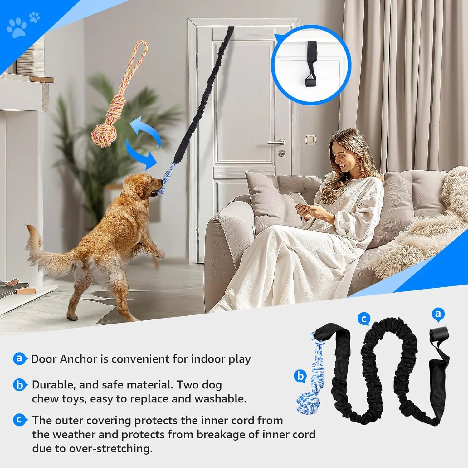 Spring Pole Rope Tug Toys for Medium to Large Dogs - Interactive Bungee Exercise Ropes for Indoor and Outdoor Use (Door Style)