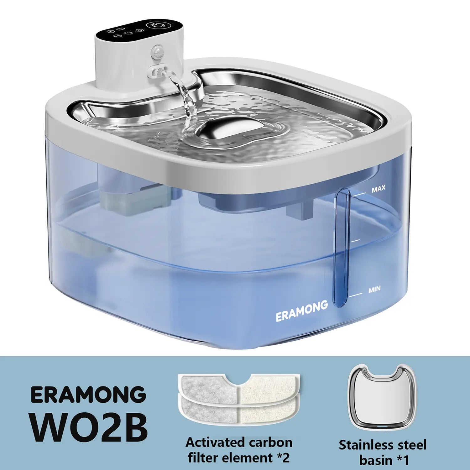 ERAMONG Smart Indoor Wireless Pet Water Fountain - 3.5L Capacity, Battery-Powered with Stainless Steel Tray, Motion Sensor, and 4-Layer Filtration System for Cats and Dogs