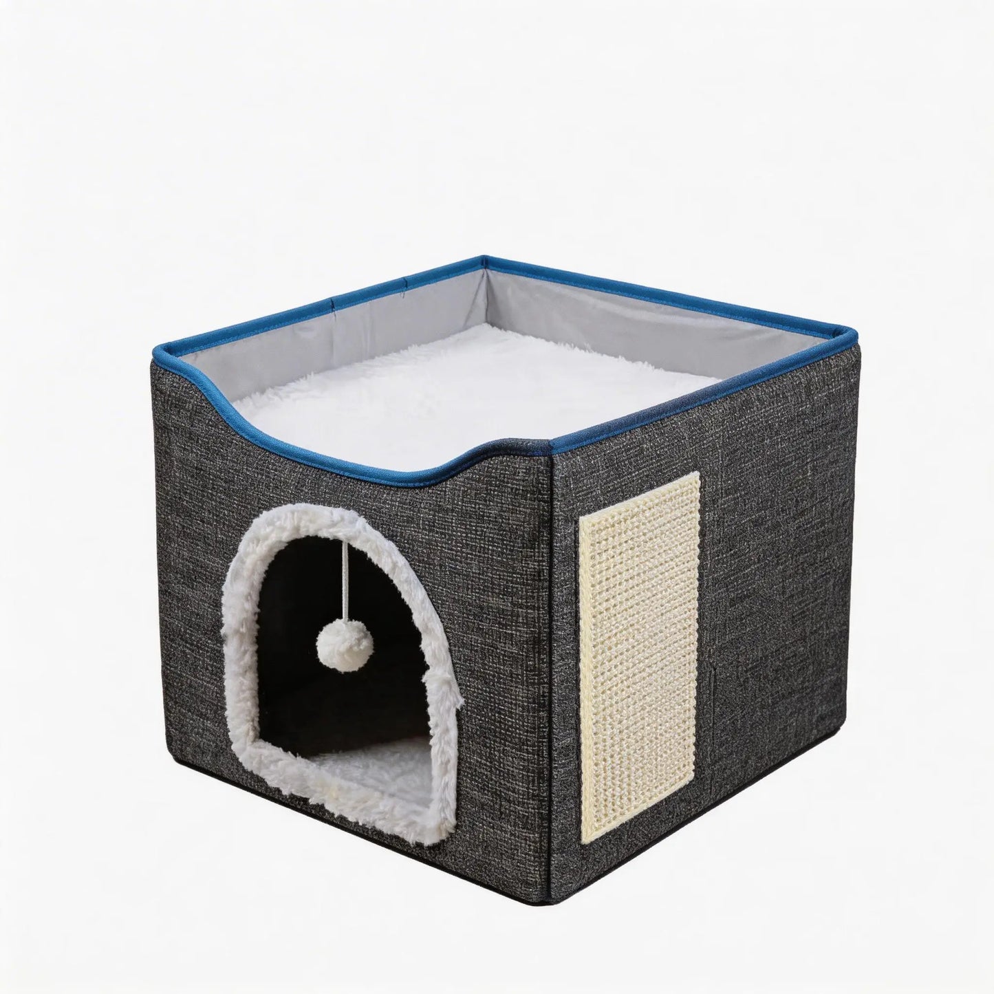 Luxury Indoor Cat House - Spacious Cat Bed Cave with Scratch Pad and Fluffy Toy, Foldable Condo Hideaway with Reversible Cushion, Suitable for All Seasons, Ideal for Small Pets, Dark Ivory Design