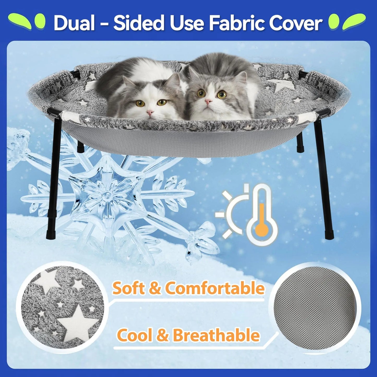 Elevated Cat Hammock Bed with Metal Frame and Dual-Sided Removable Washable Cover - Breathable Raised Lounger for Indoor Cats and Small Dogs, Easy No-Tool Assembly