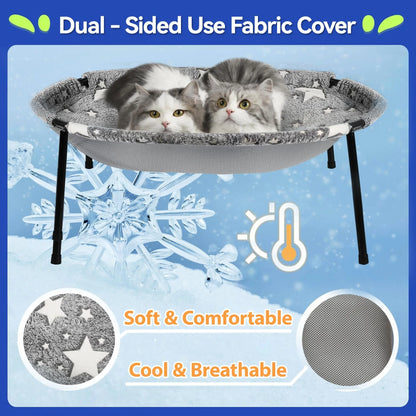 Elevated Cat Hammock Bed with Metal Frame and Dual-Sided Removable Washable Cover - Breathable Raised Lounger for Indoor Cats and Small Dogs, Easy No-Tool Assembly