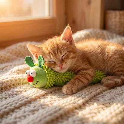 Catnip Caterpillar Plush Pillow - Interactive Crinkle Sound Cat Toy with Catnip Head and Silvervine Tail for Indoor Cats