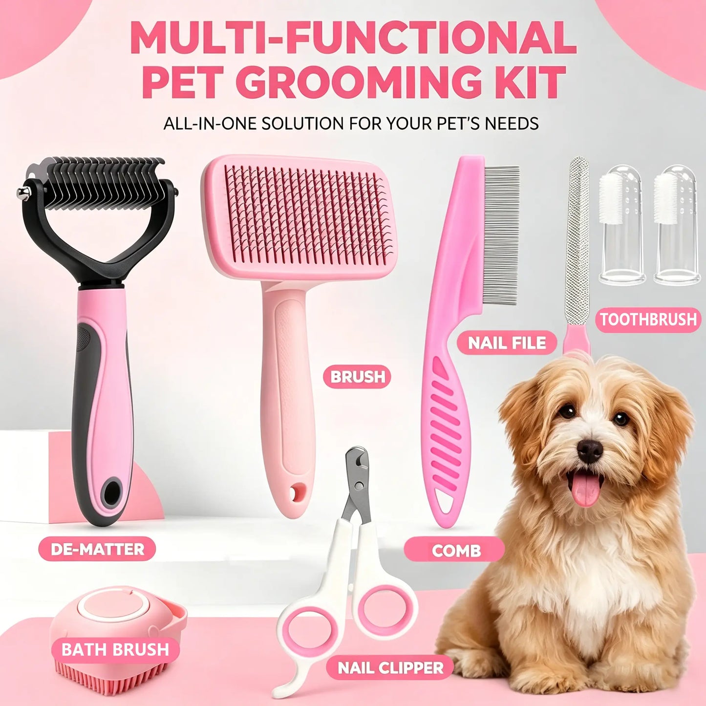 8-in-1 Professional Pet Grooming Kit for Dogs and Cats - Includes Dematting Comb, Slicker Brush, Nail Clipper, and Trimmer for a Tangle-Free and Shiny Coat
