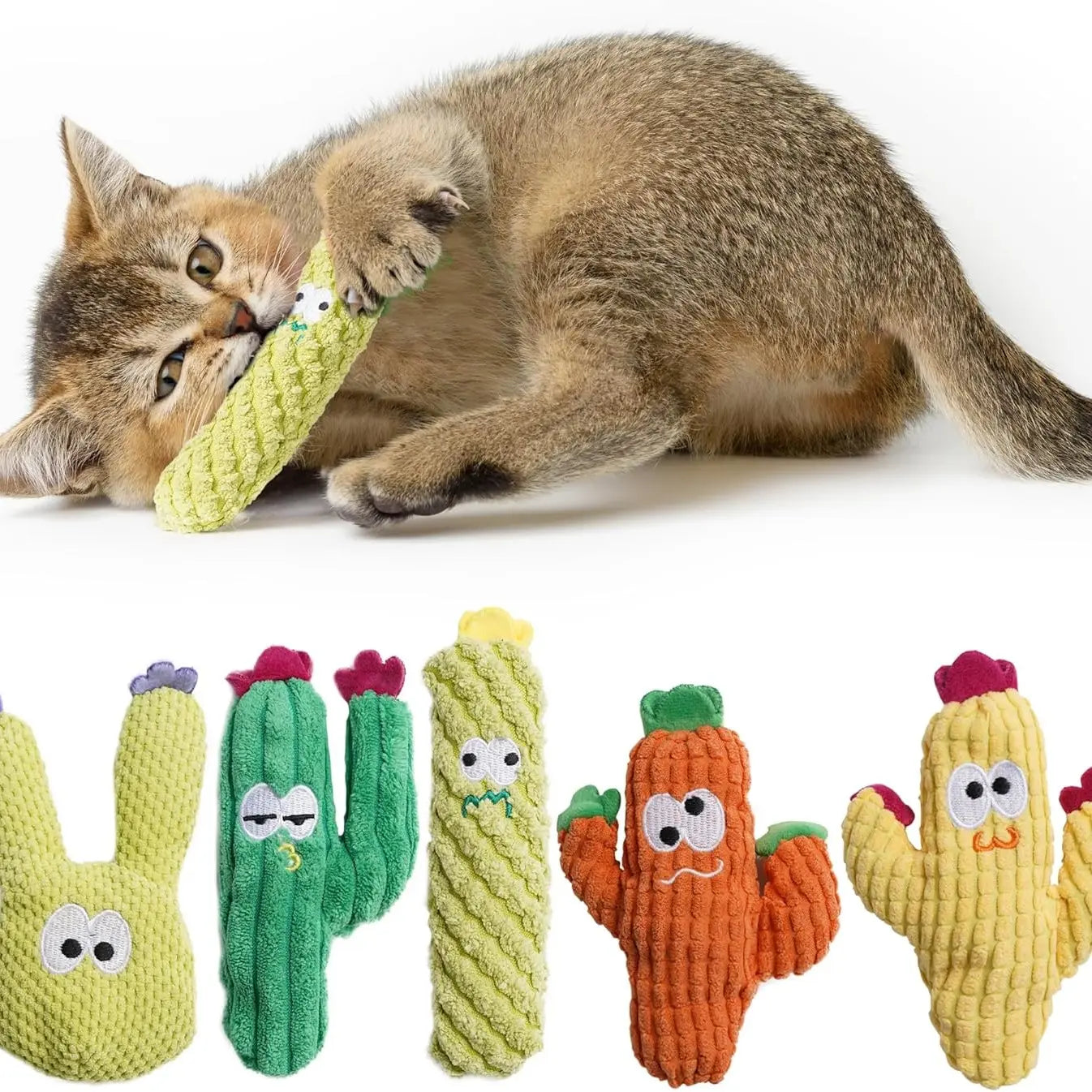 Pawsible 5-Pack Colorful Cactus Cat Toy Set with 100% Premium Catnip Filling - Natural Stimulation and Soft Teething Toys for Kittens