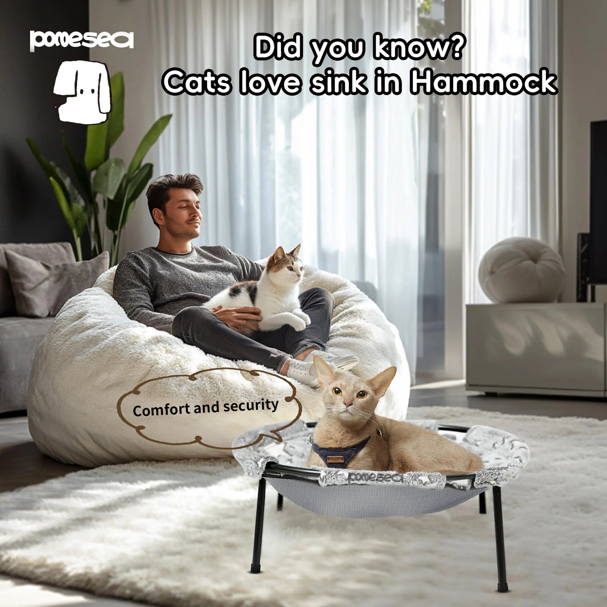 Elevated Cat Hammock Bed with Metal Frame and Dual-Sided Removable Washable Cover - Breathable Raised Lounger for Indoor Cats and Small Dogs, Easy No-Tool Assembly