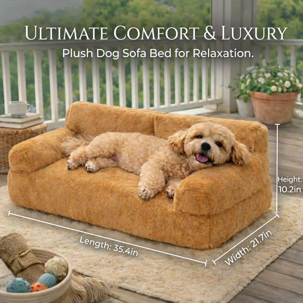 All-Season Washable Cozy Pet Sofa Bed for Small to Medium Dogs and Cats, 35.4 x 21.7 x 10.2 in, Brown Plush Fabric with Supportive Bolsters, Comfortable Indoor and Outdoor Lounger for Two Pets